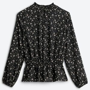 Lush Daisy Floral Print Black Mock Neck Long Sleeve Blouse Ruffled Waist Size L
